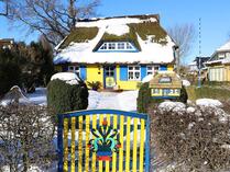 rohrgedecktes Haus im Winter