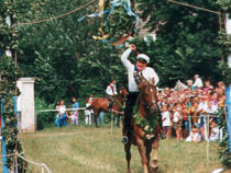 Reiter schlägt mit dem Tonnenknüppel gegen die Tonne